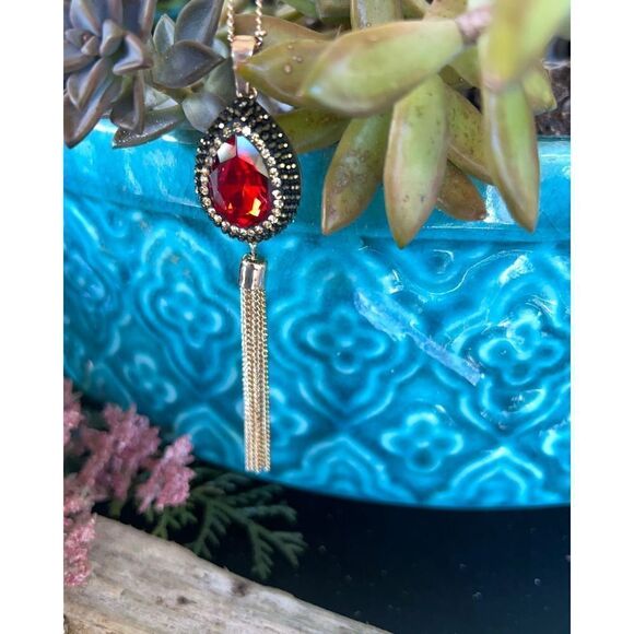 Gold/Ruby Tear Drop Haloed by Champagne & Chocolate Colored Swarovski Crystals - Picture 3 of 6